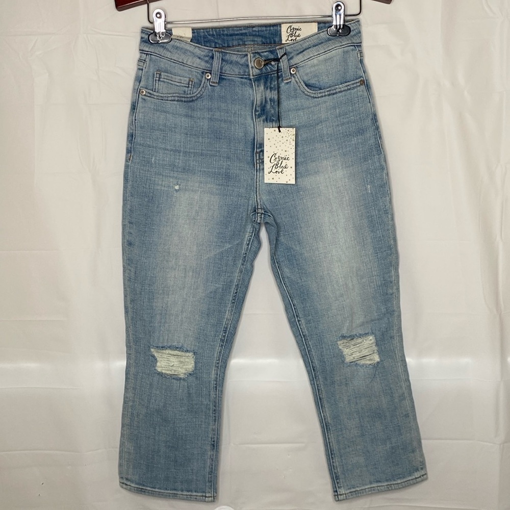 Cosmic Blue Love Sanctuary Vintage Rise Capri Distressed Jean Blue Size 28P